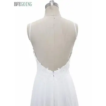 Бяло дантелено шифоновое сватбена рокля трапецовидна форма с бретельками дължина до пода, струята параклис, Сватбена рокля с отворен гръб, сшитое по поръчка
