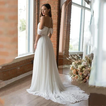 Сватбена рокля с открити рамене 2021 Шифоновая гънка На Цип Отзад На Поръчка Плажна Сватбена рокля Евтино Висококачествено Vestidos De Fiest