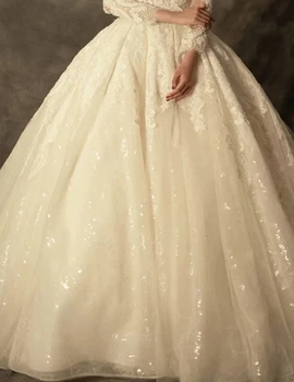 Сватбени рокли 2021 V-образно деколте Мъниста Апликация стрелка с форма на струята Ръкав три четвърти Плюс Размери Сватбена рокля на Принцеса Vestido de Noiva
