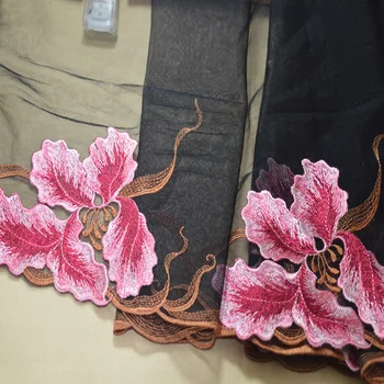 2 ярд/лот 27 см розово цвете от черна мрежа Бродерия Лейси покритие, дантела и ръчно изработени аксесоари САМ текстилни тъкани 043001