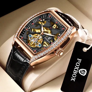 2021 FOXBOX Нови Автоматични механични часовници Мъжки Ръчен часовник за мъже на Бизнес Непромокаеми Кожени часовници със скъпоценни камъни Relogio Masculino+Кутия