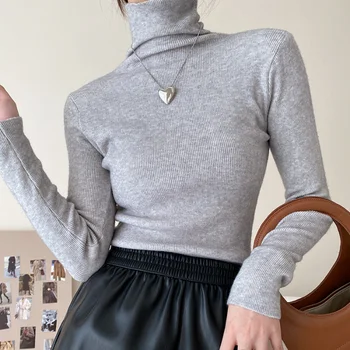 2021 Есен Зима пуловер, Поло с рюшами Дамски пуловери с висока еластичност обикновен женски тънки секси плетени пуловери