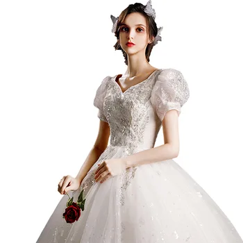 2021 Нов прием на Сватбена рокля с V-образно деколте, Блестящ дантелено бална рокля с пищни ръкави, Плюс Размера на Сшитое по Поръчка, Vestido De Noiva