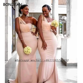 2021 Прасковени шаферски рокли на Русалка с едно рамо с дължина до пода Еластично Атласное Африкански рокля на шаферка за жени Сватба