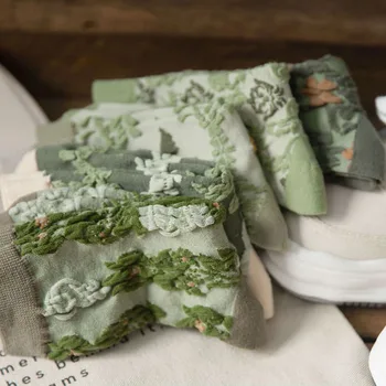 5 Двойки Женските чорапи Комплект Нов Ретро Кънтри Стил Зелен Есента Цвете Мек за кожата Дишаща Корейски Модерен Calcetines