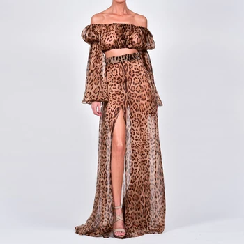 Adyce 2022 Ново лятото е с открити рамене Леопардовая на горно облекло 2 Комплект от две части за жени-Секси Дантелени клубни вечер Случайни Макси-комплекти с дълъг ръкав