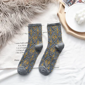 Anewmorn Топла Есен Зима Неизмита памучни дамски чорапи с ниска шнорхел в етнически стил Latticework дамски чорапи Дворец Ретро Диамант Чорапи