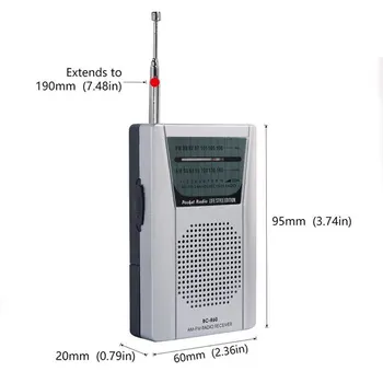 BC-R60 Карманное Радио Телескопична Антена Мини AM/FM 2-Лентов Радио с високоговорител и 3.5 мм Жак за слушалки, Преносими Радио