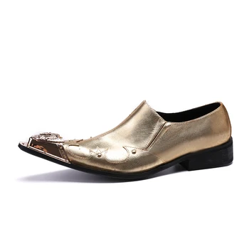 Christia Bella Мъжки модел обувки от златни кожа Джентльменские вечерни бизнес класически костюмные обувки с метален връх Сватбени и вечерни обувки за мъже