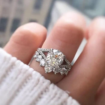 Huitan Нови сватбени комплекти, пръстени за жени с блестящи кубическим цирконием Творчески Годежни пръстени сребърен цвят, Бижута