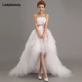 Ladybeauty Ниска цена Сватбена рокля на Кралската Принцеса Булка с къс влак Вечерна рокля с къс Дизайн Отпред и Отзад Дълги рокли