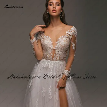 Lakshmigown Сексуално сватба сватбена рокля с дълъг ръкав 2022 Халат Прозрачна Илюзия с отворен гръб Бяла сватбена рокля от тюл с висока цепка отстрани