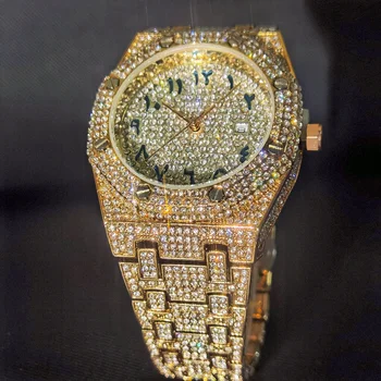 MISSFOX Арабски цифри Мъжки часовник от розово злато, Кварцов с пълна диамантен пръстен Луксозни ръчни часовници За мъже Relógio Masculino Хип-хоп Неръждаема Стомана