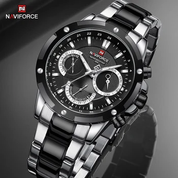 NAVIFORCE Бизнес Ежедневни мъжки часовници Луксозни Водоустойчив Кварцов ръчен часовник от Неръждаема стомана Мъжки аналогов 24-часови часовник с дата Подарък