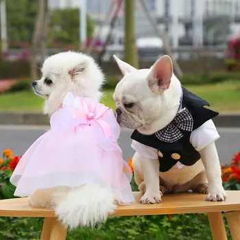 S-3XL Сватбена дантелено сватбена рокля за домашни любимци Малка голяма дрехи за кучета Принцеса Принц Приятелка на булката с лък Украсена с яке Палто