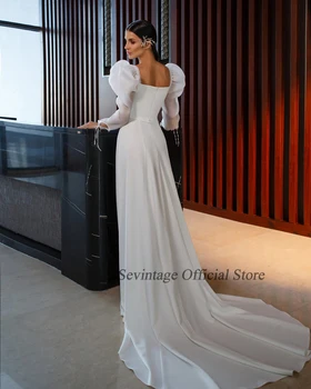 Sevintage Просто сватбена рокля 2021 година трапецовидна форма с отворен гръб Сватбени рокли Квадратен яка с дълъг ръкав на Сватбена рокля vestidos de новия