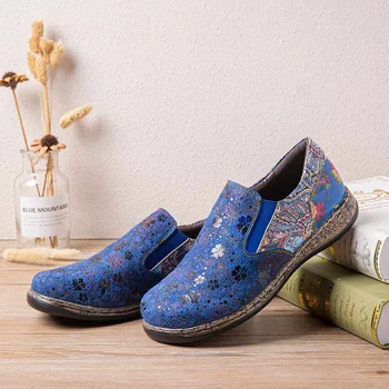 Socofy Ретро Цветен принт срастване на равна подметка Еластична лента Меки лоферы Обувки Дамски обувки в бохемски стил с Лятна обувки на плоска подметка
