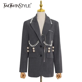 TWOTWINSTYLE Лоскутные перлени блейзери за жени с джобове с капаци, преувеличени свободни палто копчета, дамски пролетно облекло 2021 г., Нов