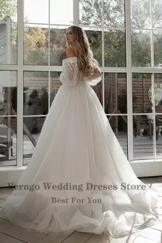 Verngo 2021 Нов дизайн, с отворени рамене Сватбена рокля трапецовидна форма, с буйни дълги ръкави на бретелях Дантела 3D Цветя Тюл Сватбени рокли