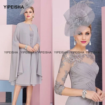 Yipeisha Лъжичка с ръкав три четвърти от Рокли за майката на Булката с Дължина до коляното шифоновое вечерна рокля с аппликацией Сватбена рокля за гости
