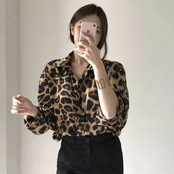 ZCSMLL леопардовые блузи Корейски реколта лацканы однобортные свободни ежедневни универсални ризи с дълги ръкави топ за жени от 2021 лято