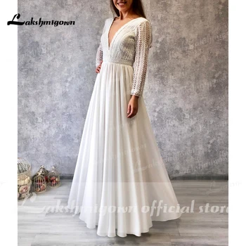 Богемное сватбена рокля Lakshmigown 2022 с отворен гръб и дълги ръкави с дълбоко V-образно деколте Boho слонова кост сватбена рокля Robe de mariee