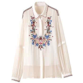 Дамска бяла риза Пролет Есен Елегантен отложной яка с дълъг ръкав Цветна бродерия Дамска блуза от естествена коприна от две части