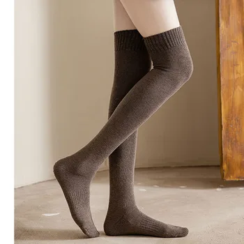 Дамски памучни флисовые чорапи над коляното обикновен карамел цвят Топли есенни и зимни чорапи, Дамски официални Коледни Дълги чорапи за момичета