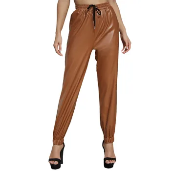 Дамски панталони за джогинг Нови есенно-зимни панталони с висока талия на съвсем малък, изкуствена кожа, обвързани в щиколотках, с наклонена джоб, дамски панталони