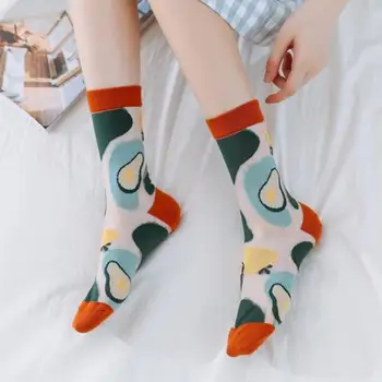 Дамски чорапи, Модни прозрачни Къси стъклени копринени дамски чорапи-чорапи Дамски летни чорапи от картун 2021 Kawai Авокадо, Праскова принт