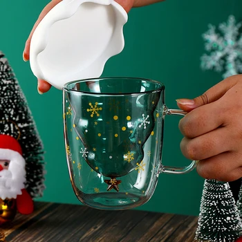 Двухслойное Анти-Ошпаренное стъкло Коледно дърво на Звездното Небе 300 мл Чаена чаша Топлоизолация Чаша за закуска с мляко Детски подарък