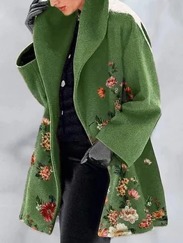 Дебнещ покривка, в зелено палто с яка, темпераментное палта с ревери с принтом колеж