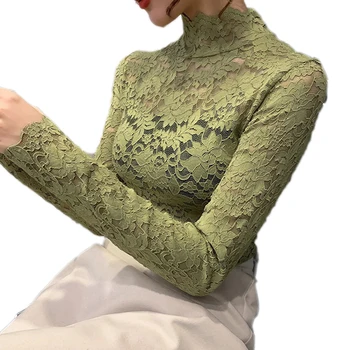 Елегантна дамска блуза ново записване 2021 Черепашья шия с дълъг ръкав Цвете лейси блуза, Топ Тънка базова риза блуза за дами xxl
