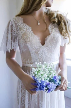 Елегантно бельо Бохо с V-образно деколте и отворен гръб Плажна сватбена рокля с къси ръкави трапецовидна форма Романтични цветя Сватбени рокли 2022