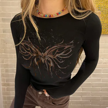 Женска тениска E Момиче с принтом пеперуди Kawaii Готически графични тениски Фея Гръндж За жените с кръгло деколте и дълъг ръкав Тънки основни есенни тениски