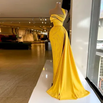 Жълти прекрасни абитуриентски рокли на Русалки без ръкави с висока цепка и пайети За жените Дълги секси вечерни рокли за конкурса Плюс Размер за поръчка