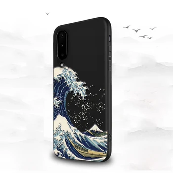 За Samsung S8 S9 S10 Плюс Калъф Сладък 3D релефни Японската морска Вълна Матиран Мек Силиконов tpu Защитно Черна Задната част на кутията на телефона на Корпуса
