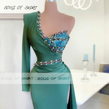 Зелени елегантни вечерни рокли с едно рамо Луксозни кристални вечерни рокли с висока цепка Вечерна рокля Русалка Женствена рокля Robe De Soirée Femme
