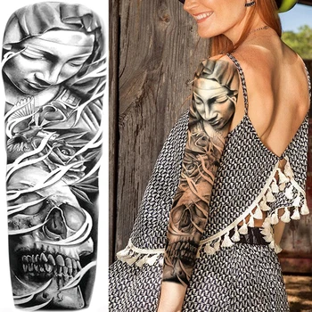 Исус Христос Монахиня Момиче Временни Татуировки Ръкав За Жени, Мъже Възрастни Реалистичен Гълъб Кръст, Череп Пълна Ръка Фалшиви Татуировки По Тялото