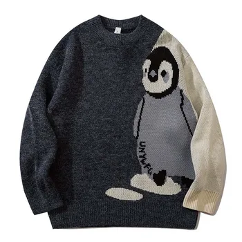Карикатура Пингвин вязаный пуловер за мъжете Harajuku Градинска облекло Вълнен пуловер жилетка Мъжки зимни топли памучни извънгабаритни плетени двойки