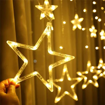 Коледна Звезда Струнен Лампа LED Водоустойчива Петолъчна Звезда Завесата на Светлината Вътрешно Външно Осветление Ред с 8 Режима Осветление
