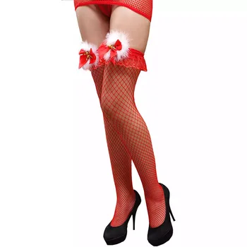 Коледни дамски секси червени и черни мрежести чорапи с дантела над коляното, Чорапи носочные изделия с лък, Зайци кожа, Еротични дамски мрежести чорапи