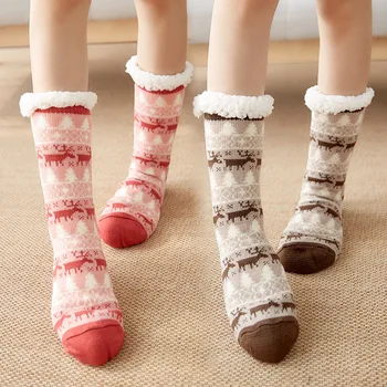 Коледни чорапи Дамски есен-зима стайни чорапи до средата на прасците Домашни чехли за сън Нескользящий чорап с руното облицовка Дебели пръсти за килим