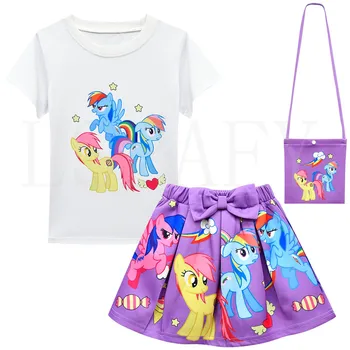 Комплект дрехи за момичета, Детски анимационен филм Моята малка Пони Лятна къса тениска, пола, с лък 2 бр. Комплект за малки момичета Модно принцеса рокля Костюми