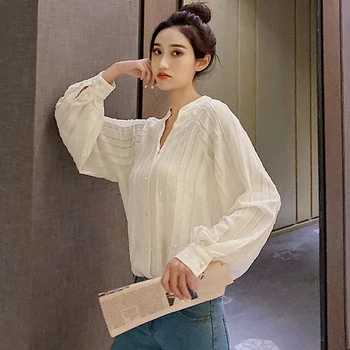 Корейската шифоновая тениска с V-образно деколте За жени Плюс размера на Дамски блузи 2021 Есен Нова мода Случайни жилетка с дълъг ръкав Блуза За жените 10625