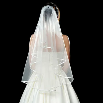 Къса Тюлевая Евтина Воали за младоженци С Гребен Продажба на Сватбени Аксесоари Mariage 2 Слоя Бяла Слонова кост Евтини Състав е Лесен за жени