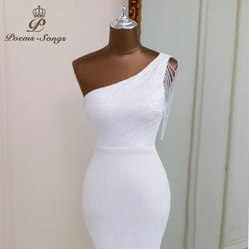 Луксозна бяла вечерна рокля в стила на едно рамо рокли за бала вечерни рокли, vestidos de fiesta robe de soirée de mariage