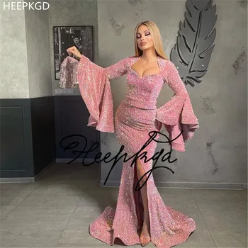 Лъскави розови пайети Русалка Арабското рокля за абитуриентски бал с изгорени ръкави със странична цепка Скъпа Еластична Дългата Сватбена парти Вечерни рокли