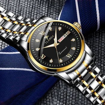 Модерен мъжки часовник Луксозни кварцови часовници, Мъжки Ежедневни Водоустойчив часовник от неръждаема стомана с календарната седмица Спортни часовници Злато Relogio Masculino