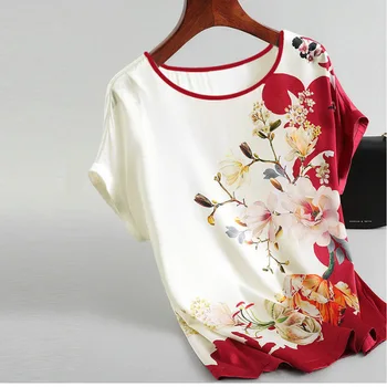 Модерна блуза с флорални принтом Пуловер Дамски копринени сатен блузи Плюс Размер Ръкав Прилеп Ретро принт Ежедневни блузи с къс ръкав